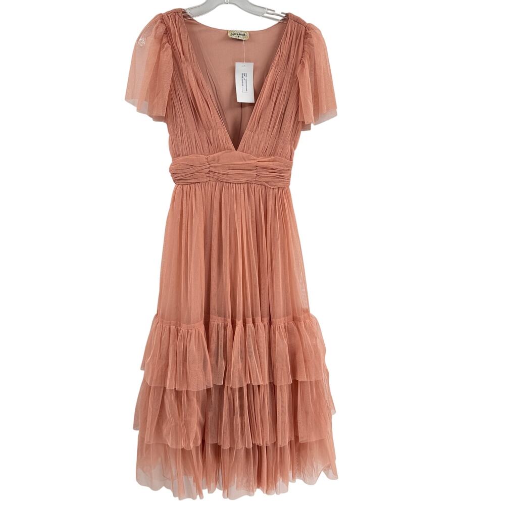 Lace & Beads Maddison Midi Dress Sz 8 Blush Pink Tiered Tulle Ruffle
